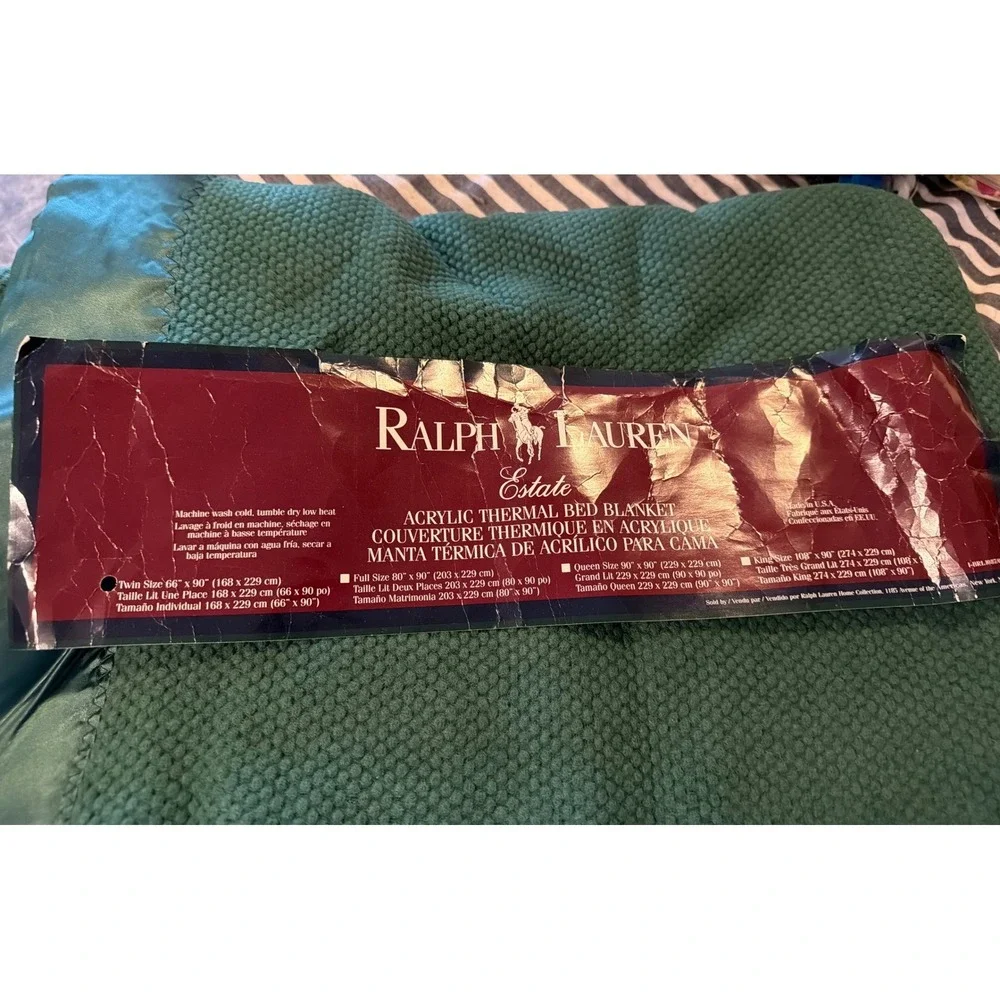 Ralph Lauren Estate Hunter Green Thermal Bed Blanket Twin Satin Trim